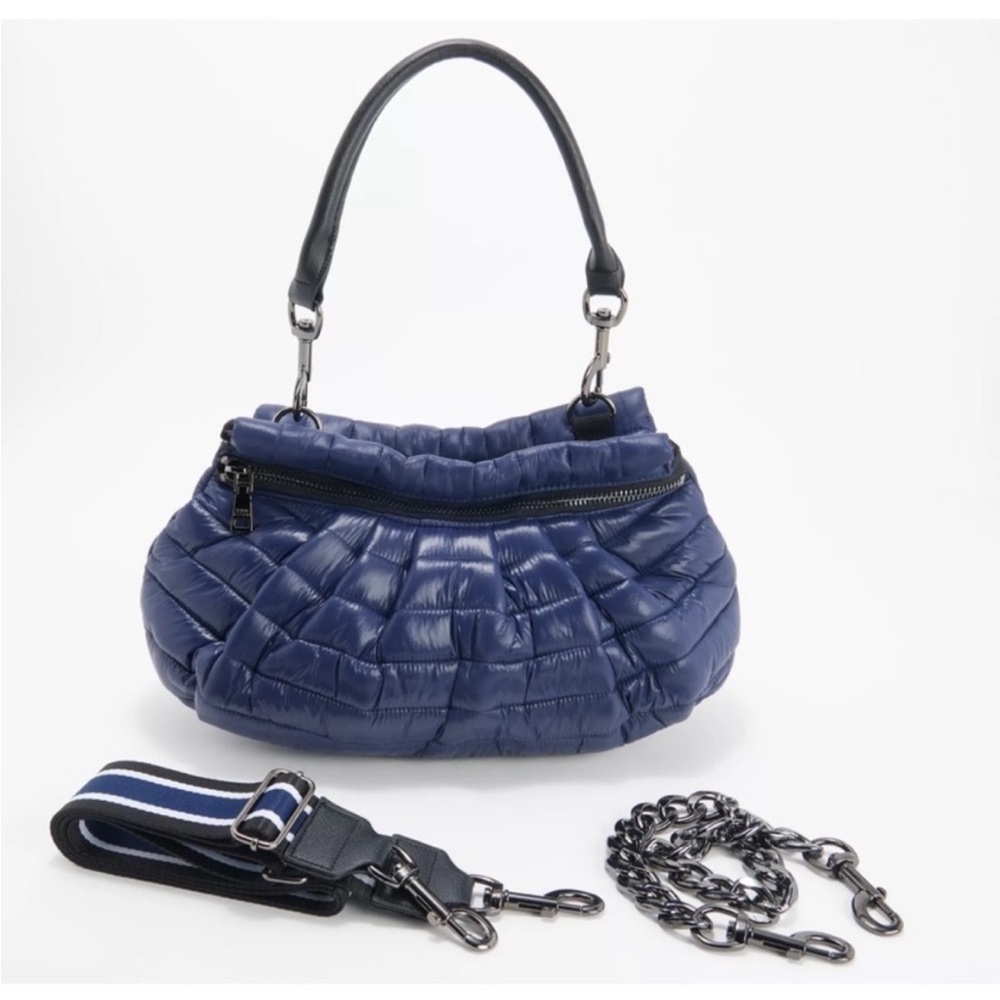 NWT shiny navy  THINK ROYLN convertible nylon tote with chain and guitar strap‎